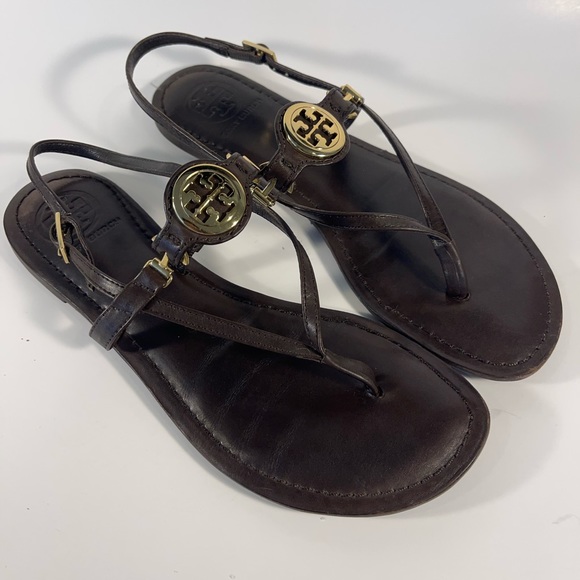 Tory Burch Shoes - Tory Burch Gold T Logo Brown Leather Women’s Sandals